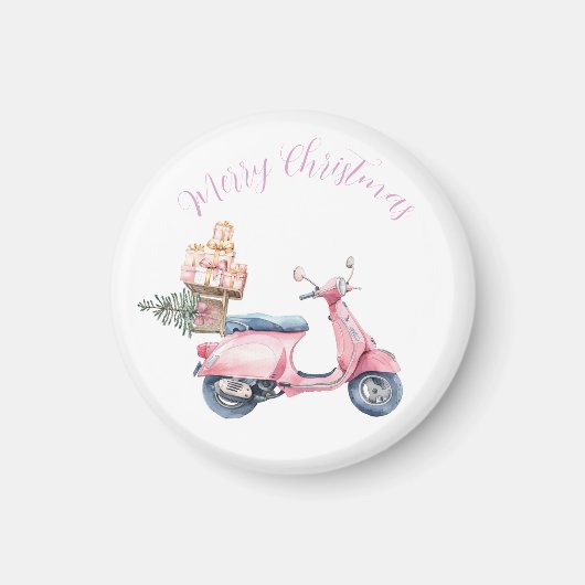 ピンクのスクーターのクリスマスショッピング マグネット (正面)