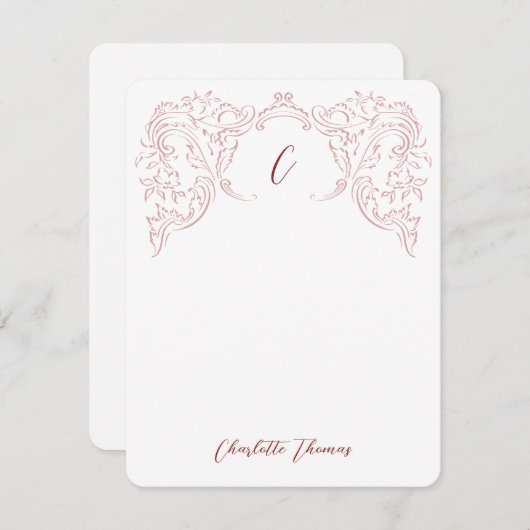 ピンクのスケッチヴィンテージフローリッシュモノグラム文房具 ノートカード (正面/裏面)