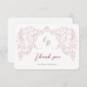 ピンクのスケッチヴィンテージフローリッシュモノグラム結婚ズ サンキューカード (正面/裏面)