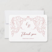 ピンクのスケッチヴィンテージフローリッシュモノグラム結婚ズ サンキューカード (正面)