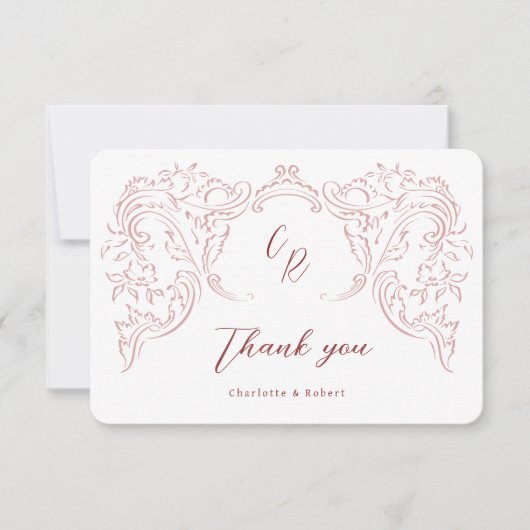 ピンクのスケッチヴィンテージフローリッシュモノグラム結婚ズ サンキューカード (正面)