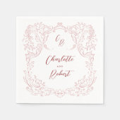 ピンクのスケッチヴィンテージフローリッシュモノグラム結婚ズ スタンダードカクテルナプキン (正面)