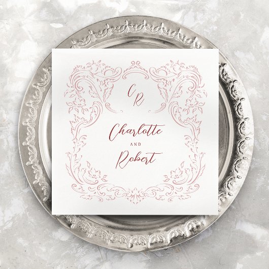 ピンクのスケッチヴィンテージフローリッシュモノグラム結婚ズ スタンダードカクテルナプキン