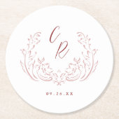 ピンクのスケッチヴィンテージ結婚フローリッシュモノグラム ラウンドペーパーコースター (正面)