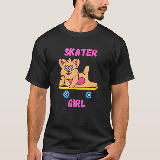 ピンクのスケーター女子のネコ Tシャツ (正面)