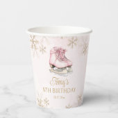 ピンクのスケート誕生日ゴールドラメ雪の結晶 紙コップ (裏面)