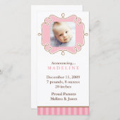 ピンクのスタイリッシュフレーム写真の誕生のお知らせ 案内状 (正面/裏面)