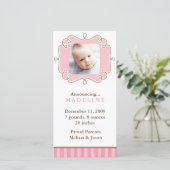 ピンクのスタイリッシュフレーム写真の誕生のお知らせ 案内状 (スタンド正面)