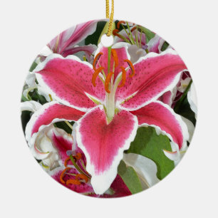 ピンクのスターガザーリリーの花 セラミックオーナメント