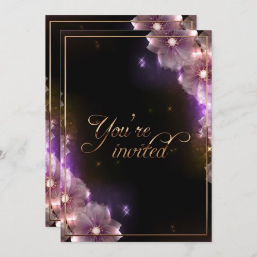 ピンクのスターライトの花/金ゴールドトリム 招待状 (正面/裏面)