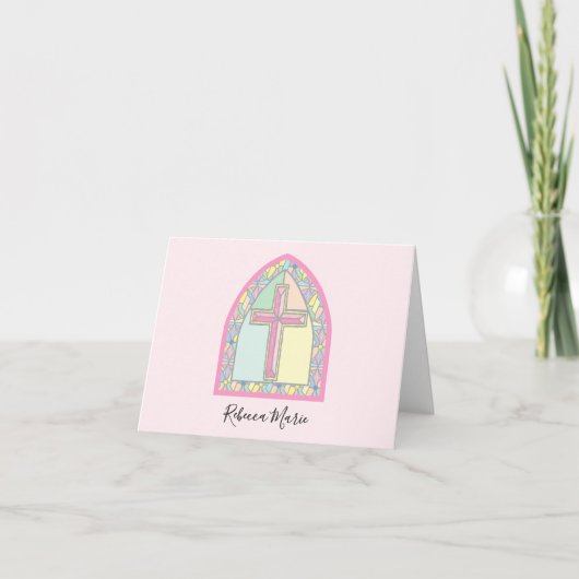 ピンクのステンドグラス最初の聖餐会ありがとう サンキューカード (正面)