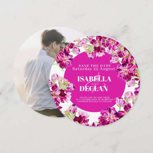 ピンクのストックフラワーウェディングは日付のラウンドを保存 セーブザデート (正面/裏面)