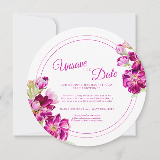 ピンクのストック結婚花の日付のラウンドを保存しない 招待状 (正面)