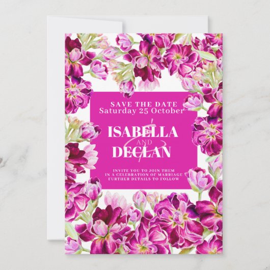 ピンクのストック花結婚式の日付写真を保存 セーブザデート (正面)