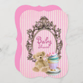 ピンクのストライブ柄のテディー・ベアのベビーシャワー招待状 招待状 (正面/裏面)