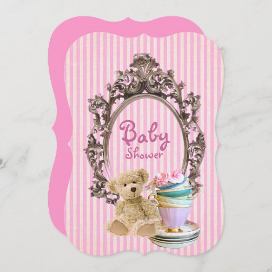 ピンクのストライブ柄のテディー・ベアのベビーシャワー招待状 招待状 (正面/裏面)