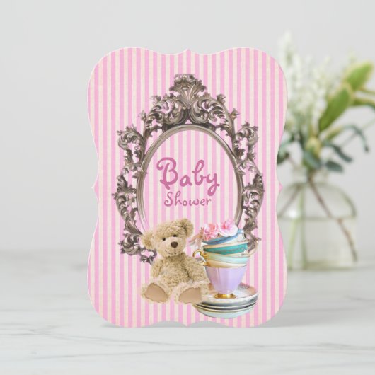 ピンクのストライブ柄のテディー・ベアのベビーシャワー招待状 招待状 (スタンド正面)