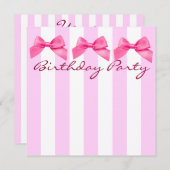 ピンクのストライプおよび弓誕生日の招待状 招待状 (正面/裏面)