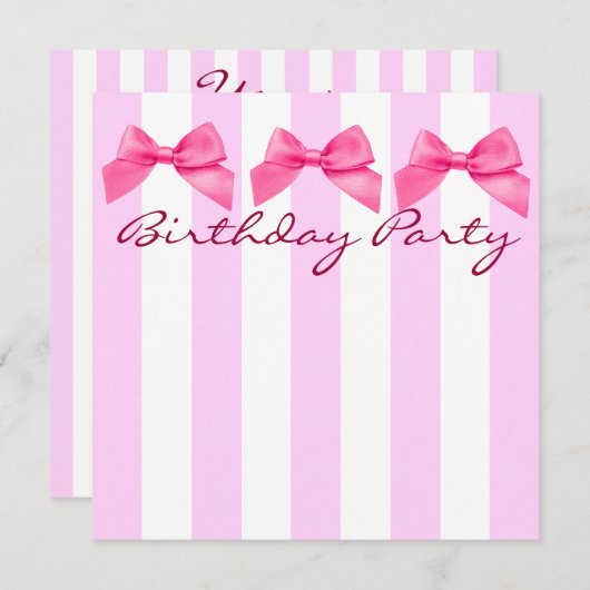 ピンクのストライプおよび弓誕生日の招待状 招待状 (正面/裏面)