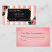 ピンクのストライプおよび花の名刺 予約カード (正面/裏面)