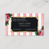 ピンクのストライプおよび花の名刺 予約カード (正面)