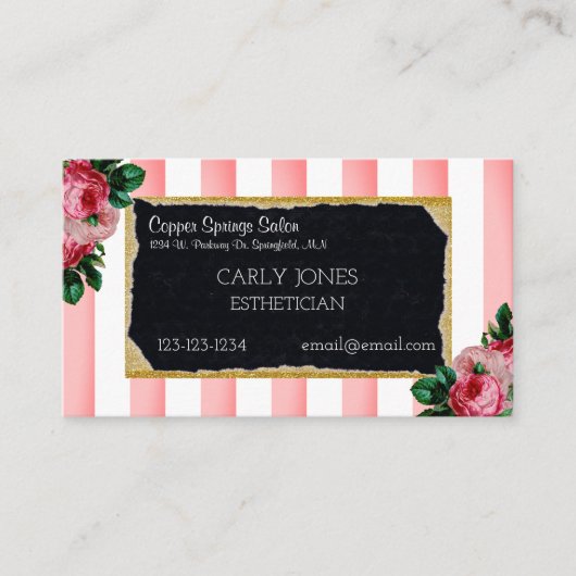 ピンクのストライプおよび花の名刺 予約カード (正面)