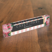 ピンクのストライプおよび花の机用ネームプレート デスクネームプレート (側面)