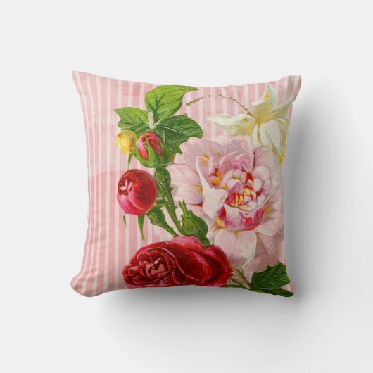 ピンクのストライプおよび鮮やかなバラ クッション (正面)