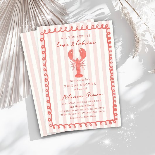 ピンクのストライプがアクセントの nautical ロブスター ブライダルシャワー 招待状