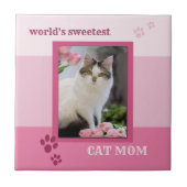 ピンクのストライプがキュートな猫の写真タイル タイル (正面)