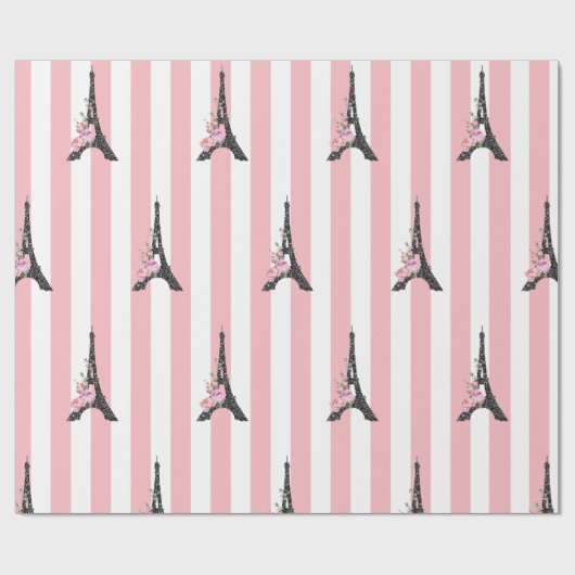 ピンクのストライプがブラックのエッフェル塔パリをテーマにしたもの ラッピングペーパー (フラット)