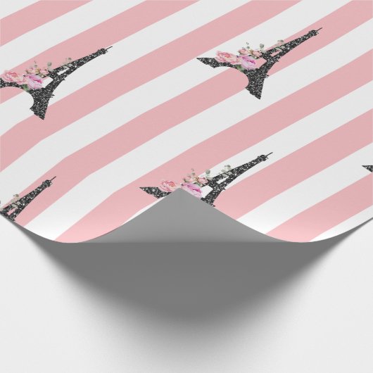 ピンクのストライプがブラックのエッフェル塔パリをテーマにしたもの ラッピングペーパー (角)