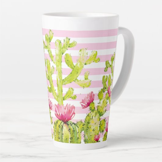 ピンクのストライプがプリントされたコリンカ カクタスウォーターカラー カフェラテマグ (右アングル)