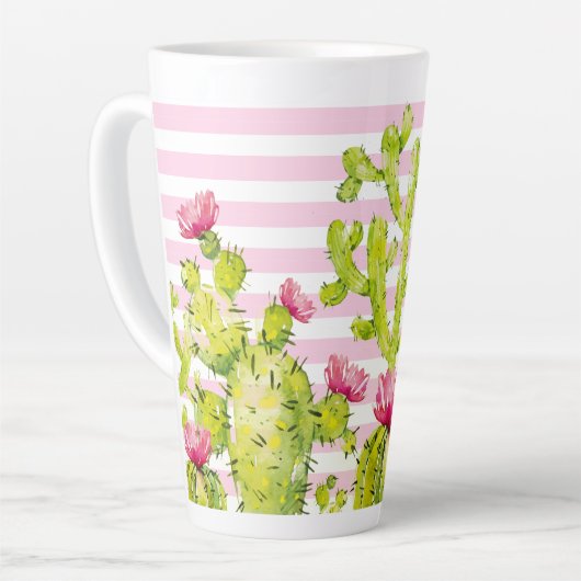 ピンクのストライプがプリントされたコリンカ カクタスウォーターカラー カフェラテマグ (左アングル)