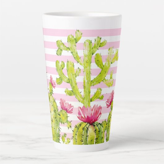 ピンクのストライプがプリントされたコリンカ カクタスウォーターカラー カフェラテマグ (正面)