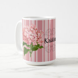 ピンクのストライプとアジサイで名前を追加 コーヒーマグカップ