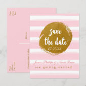 ピンクのストライプとゴールドの箔の「Save The Date」ポストカード 案内ポストカード (正面/裏面)