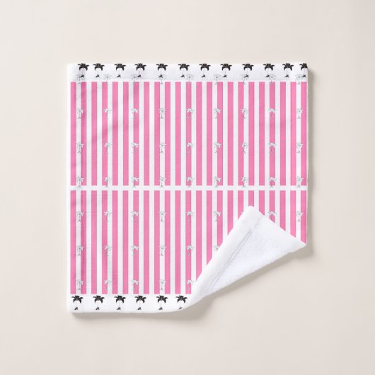 ピンクのストライプとブラックの花柄 バスタオルセット (ウォッシュタオル)