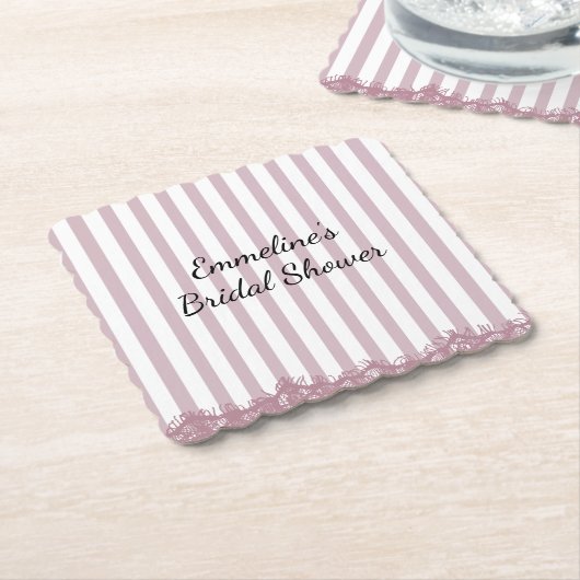 ピンクのストライプとレースのブライズシャワー ペーパーコースター (アングル)