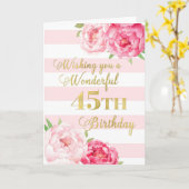 ピンクのストライプと花が45番目の誕生日カード カード (黄色い花)