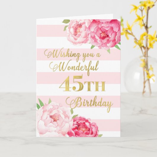 ピンクのストライプと花が45番目の誕生日カード カード (黄色い花)