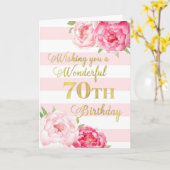 ピンクのストライプと花が70番目の誕生日カード カード (黄色い花)