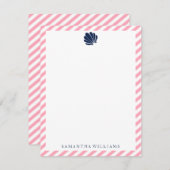 ピンクのストライプに青い貝殻の感謝カード 招待状 (正面/裏面)