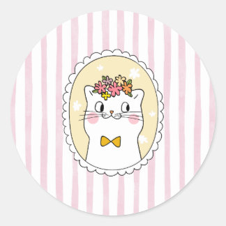 ピンクのストライプねこ ラウンドシール