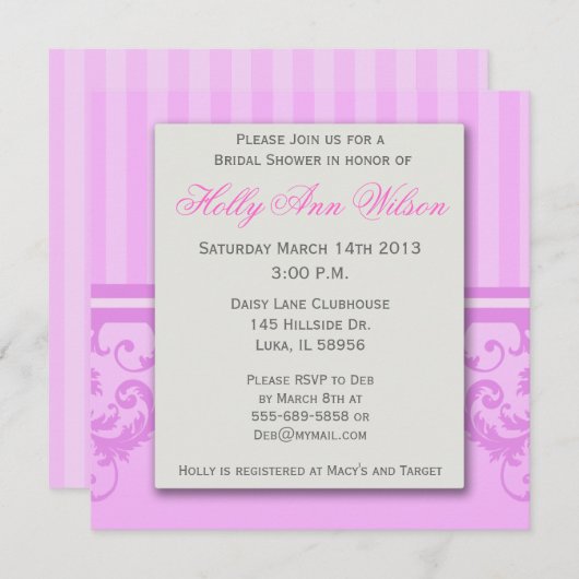 ピンクのストライプのなダマスク織のブライダルシャワーの招待状 招待状 (正面/裏面)