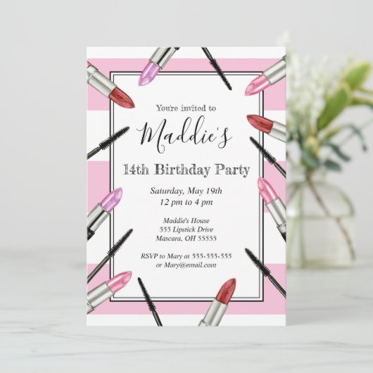ピンクのストライプのな化粧のテーマのパーティの招待状 招待状 (スタンド正面)