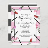 ピンクのストライプのな化粧のテーマのパーティの招待状 招待状 (正面/裏面)