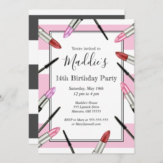 ピンクのストライプのな化粧のテーマのパーティの招待状 招待状 (正面/裏面)