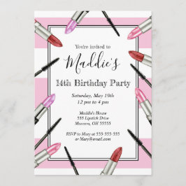 ピンクのストライプのな化粧のテーマのパーティの招待状 招待状
