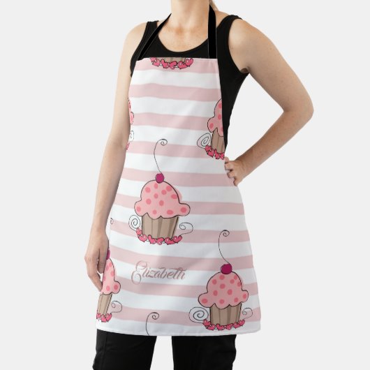 ピンクのストライプのエプロン - かわいいカップケーキ柄 エプロン (インサイチュ)